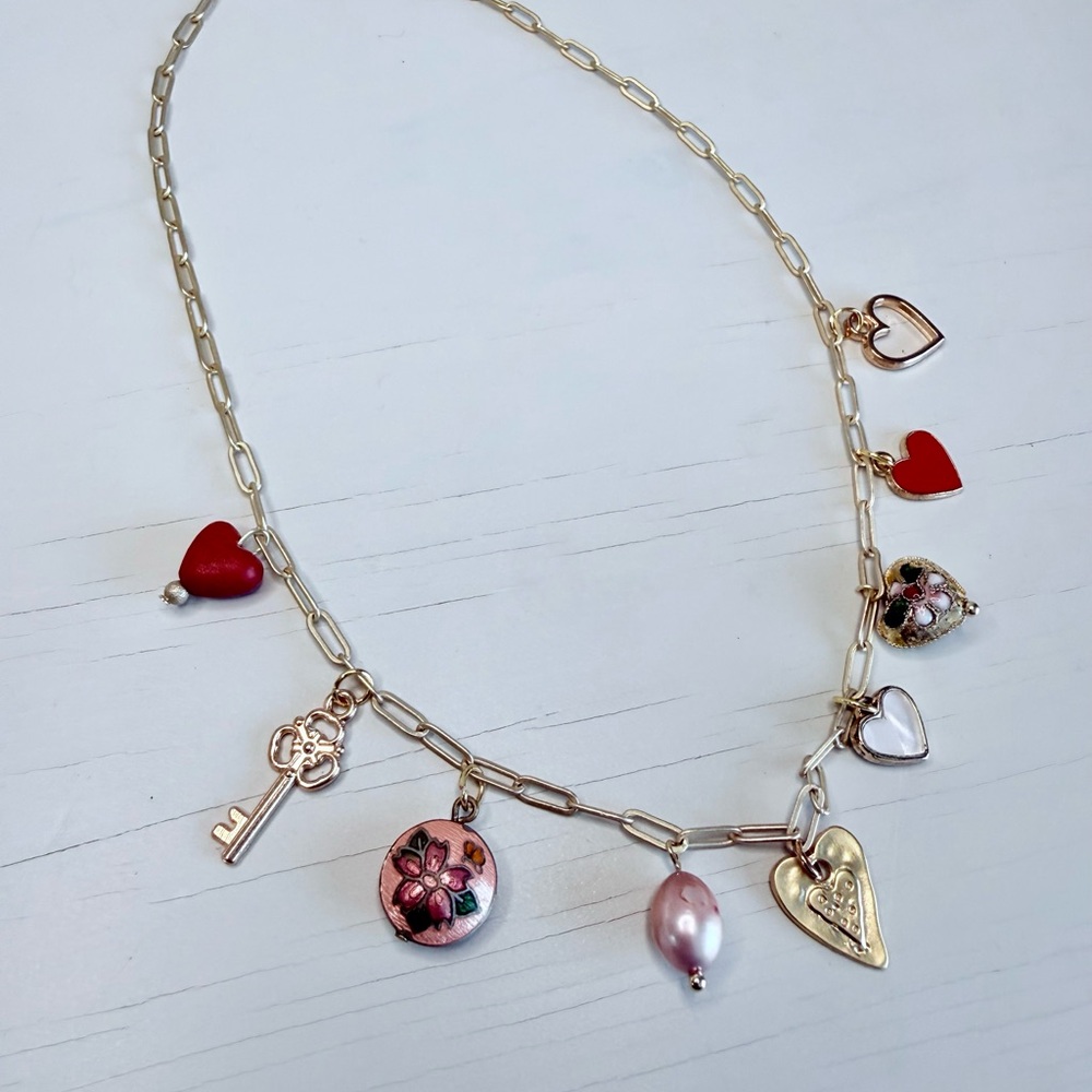 Heart and cloisonné charm necklace #55